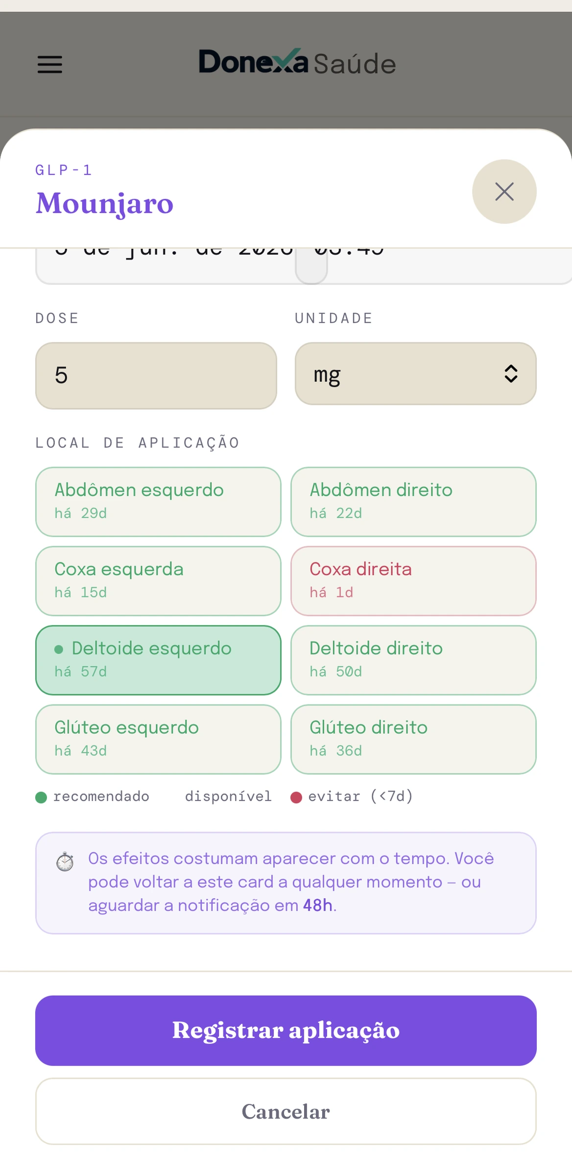 Registrar aplicação com local e efeitos no Donexa